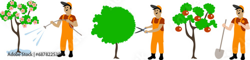 Professions. Collection of gardener illustrations. The gardener waters the tree. The gardener prunes the tree. Gardener with a shovel. .Illustration on a transparent background. Cartoon. Vector.