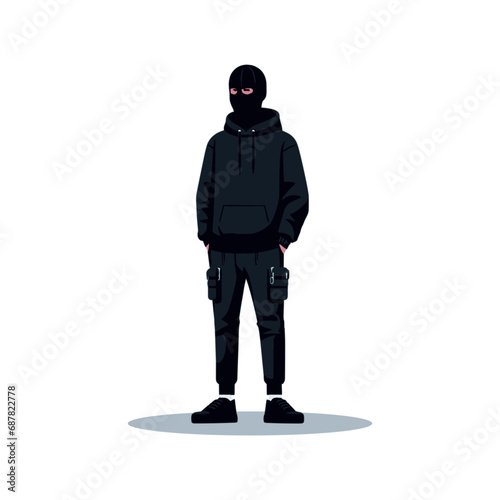 Mysterious man in black outfit and ski mask flat design vector illustration.