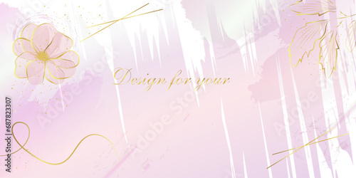 Background for a card, website, brand, golden plants, roses on a pink and white delicate watercolor background. Vector composition for design of greeting cards, invitations, banners, wall art, prints 
