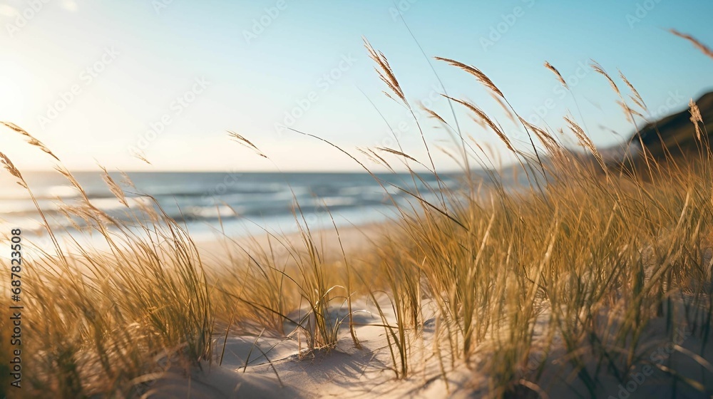 Fototapeta premium AI generated illustration of a serene sandy beach with tall, golden dune grass