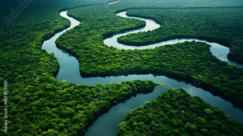 AI generated illustration of an aerial view of tropical rivers winding through lush green vegetation