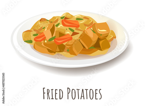 Fried potatoes with tomatoes and basil, tasty meal