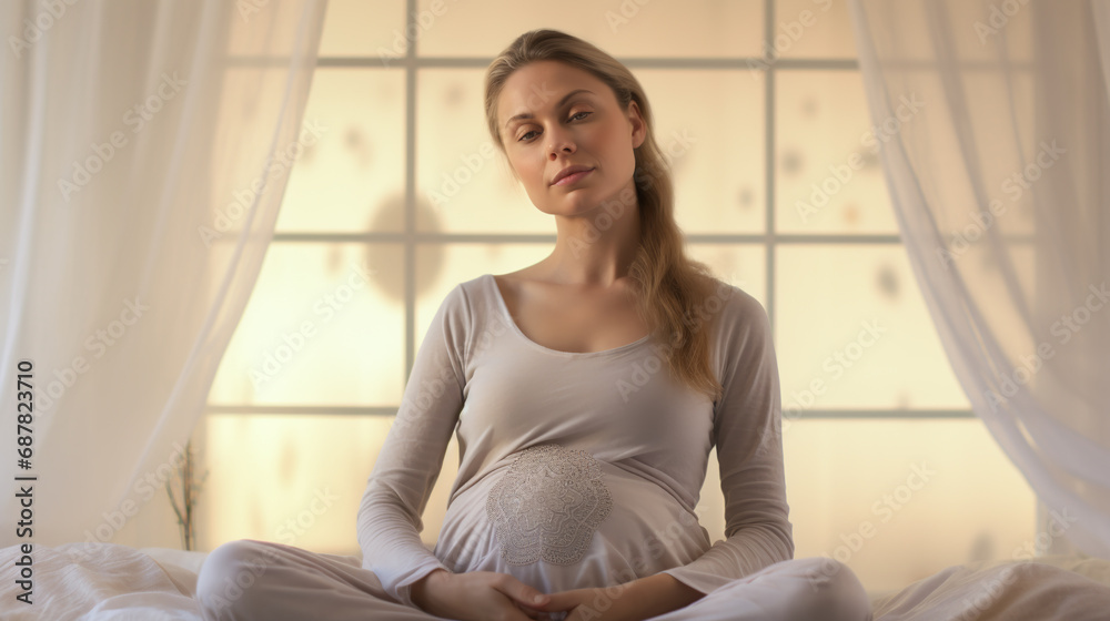 Beautiful young pregnant woman in comfort home-wear touch big belly in late pregnancy look at camera sit on bed in light bedroom at home. Happy expectant mother portrait, maternity concept Beautiful young pregnant woman in comfort home-wear touch big belly in late pregnancy look at camera sit on bed in light bedroom at home. Happy expectant mother portrait, maternity concept