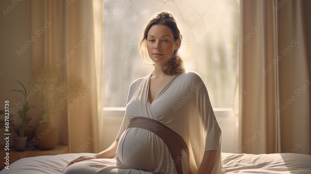 Beautiful young pregnant woman in comfort home-wear touch big belly in late pregnancy look at camera sit on bed in light bedroom at home. Happy expectant mother portrait, maternity concept