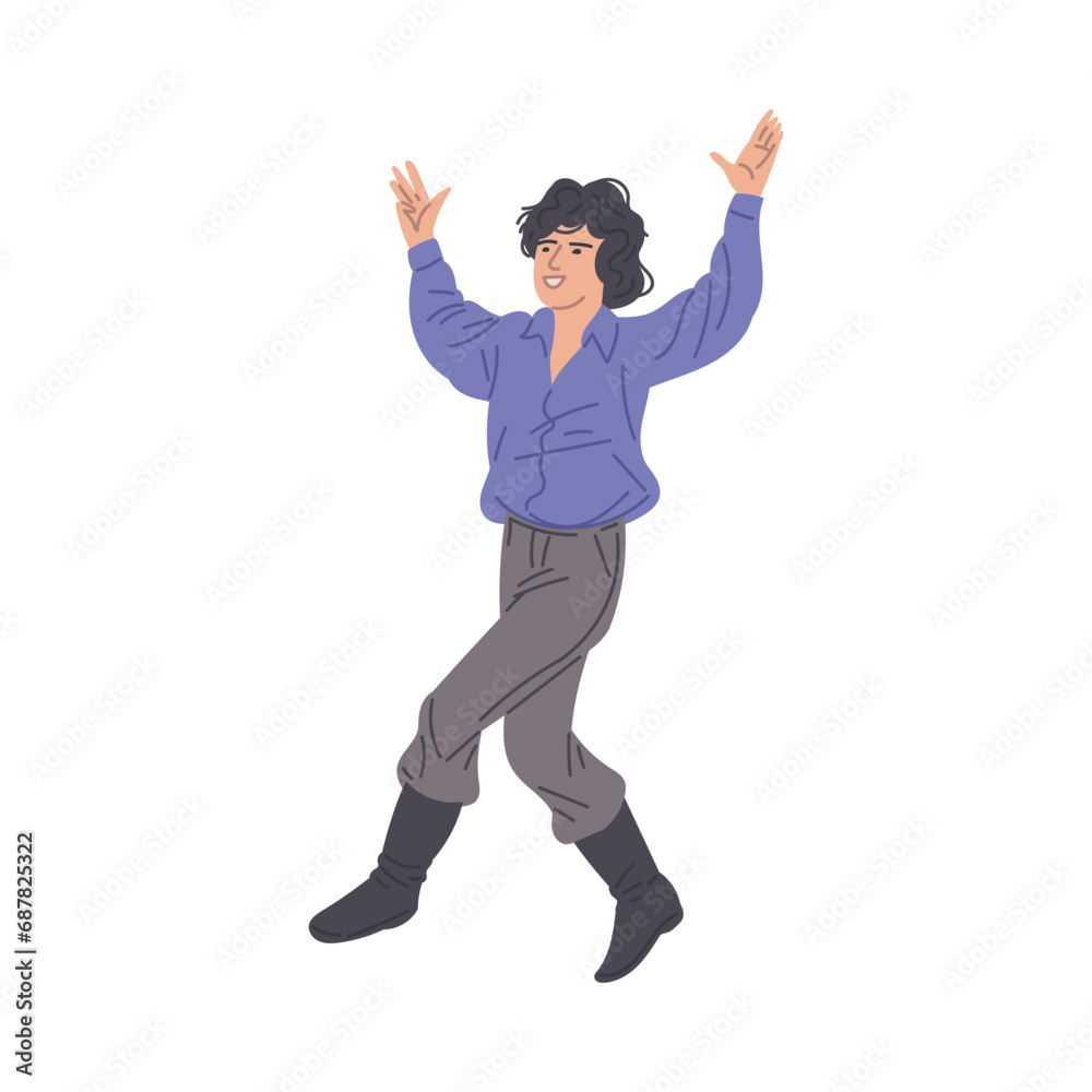 Gypsy man with black long hair dancing and singing, vector Romany performance flamenco folk, Gypsies ethnic tradition Gypsy man with black long hair dancing and singing, vector Romany performance flamenco folk, Gypsies ethnic tradition