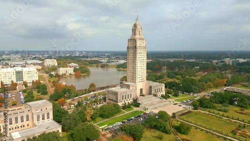 Aerial footage of The Louisiana State Capitol Building in Baton Rouge, LA photo