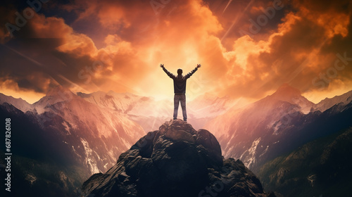 Man standing on top of mountain with raised hands. Success concept.
man rise arm with sunrise photo