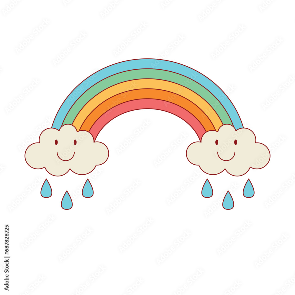 Groovy rainbow with smiling clouds and rain drops. Retro vintage colorful design element. Vector illustration isolated on white background