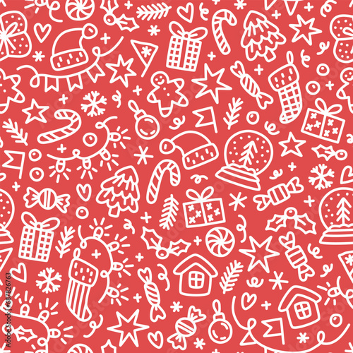 Christmas seamless doodle pattern on red background. Cute New Year texture with white hand-drawn winter elements for wrapping paper or textile. 