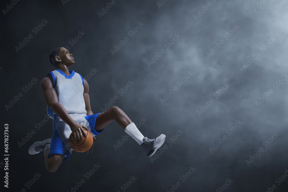 3d illustration professional basketball player slam dunk on dark background