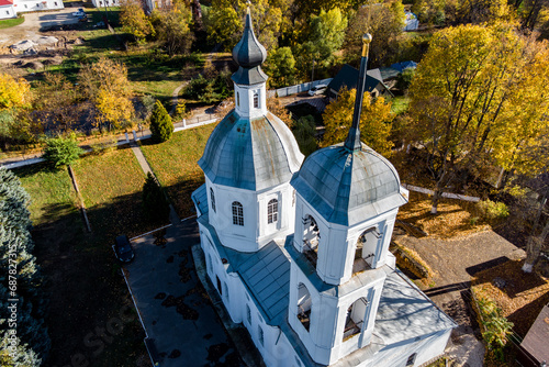 Aerial view of the white building of the 18th century Boris and Gleb Orthodox Church on the territory of the Belkino estate, Obninsk, Russia photo