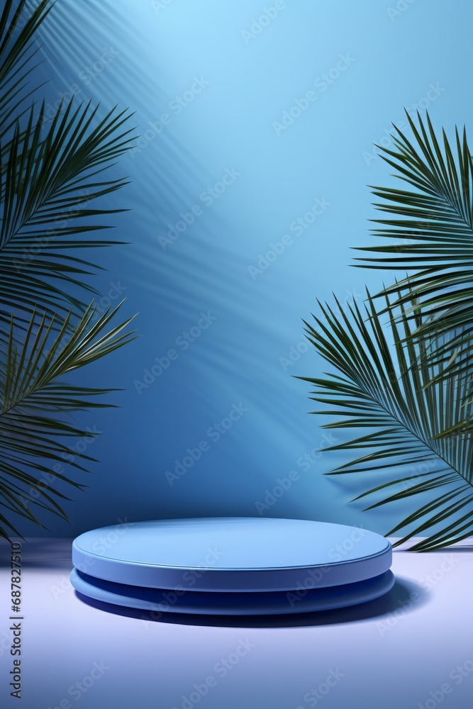 Obraz premium 3D Tropical Podium for Modern Product Display With Palm Leaves