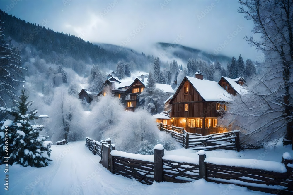 Naklejka premium Winter fairytale, heavy snowfall covered the trees and houses in the mountain village