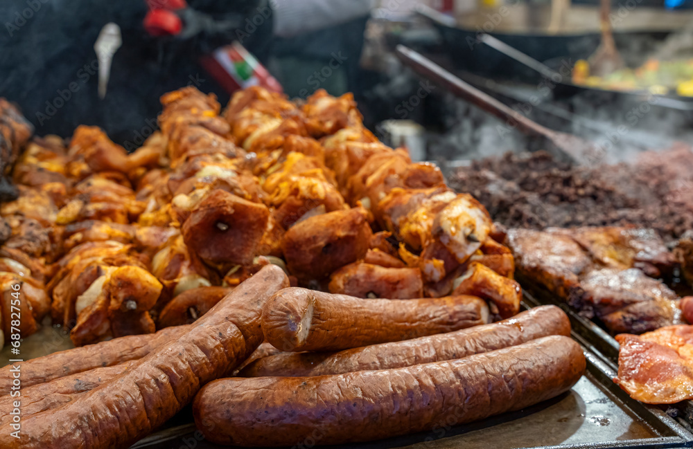 Krakow Christmas Market with fresh grilled food 