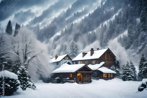 Winter fairytale, heavy snowfall covered the trees and houses in the mountain village