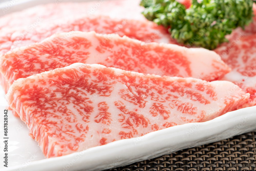 焼肉用牛肉(ロース)のアップ。
焼肉用牛肉(ロース)のアップ。