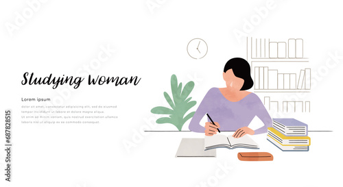 ベクターイラスト素材：部屋で勉強する女性

