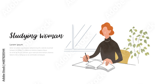 ベクターイラスト素材：部屋で勉強する女性
