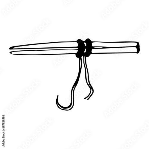 Knitting needles with two cast on loops in doodle style. Hand drawn vector illustration.