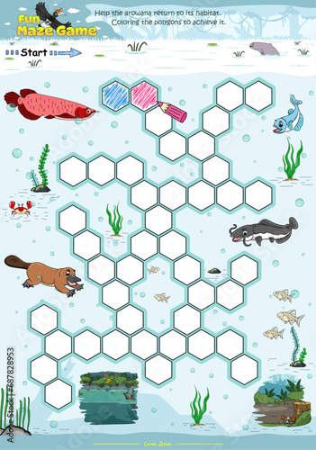 Maze Game Help the Arowana to reach its habitat by coloring the polygons swamp