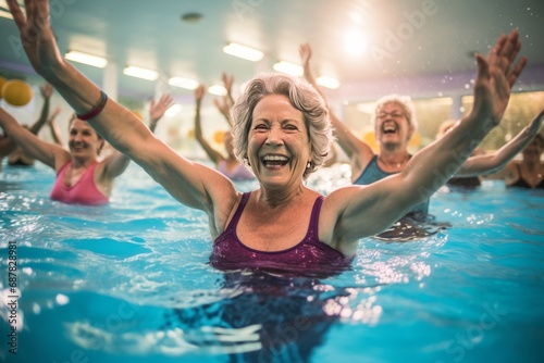 mature female adults with silver hair doing sports indoors in the swimming pool. middle-aged cheerful women having fun at water aerobics class. Athletic training and bodies in old age.