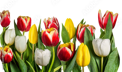 Red, yellow and white tulips isolated on transparent background. AI generated.