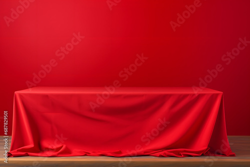 Empty wooden podium with tablecloth for product display over red background.