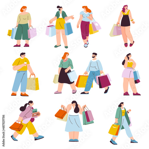 Shopping female characters walking carrying bags