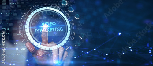 Video marketing and advertising concept on screen. Business, Technology, Internet and network concept.