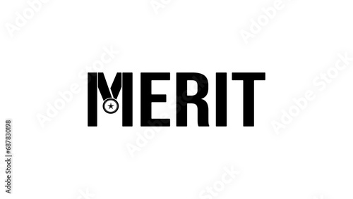 Merit symbol, lettering with medal, black isolated silhouette