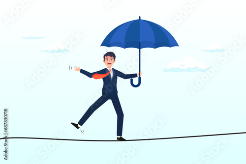 Confident brave businessman ropewalker equilibrium walk on high tight rope, business or investment risk protection, challenge, danger and difficulty to overcome to success in work and career (Vector)