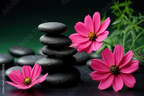 Black spa stones and pink cosmos flower isolated on green