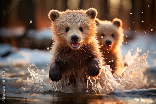 AI generated illustration of two playful brown bears frolicking in a shallow lake photo