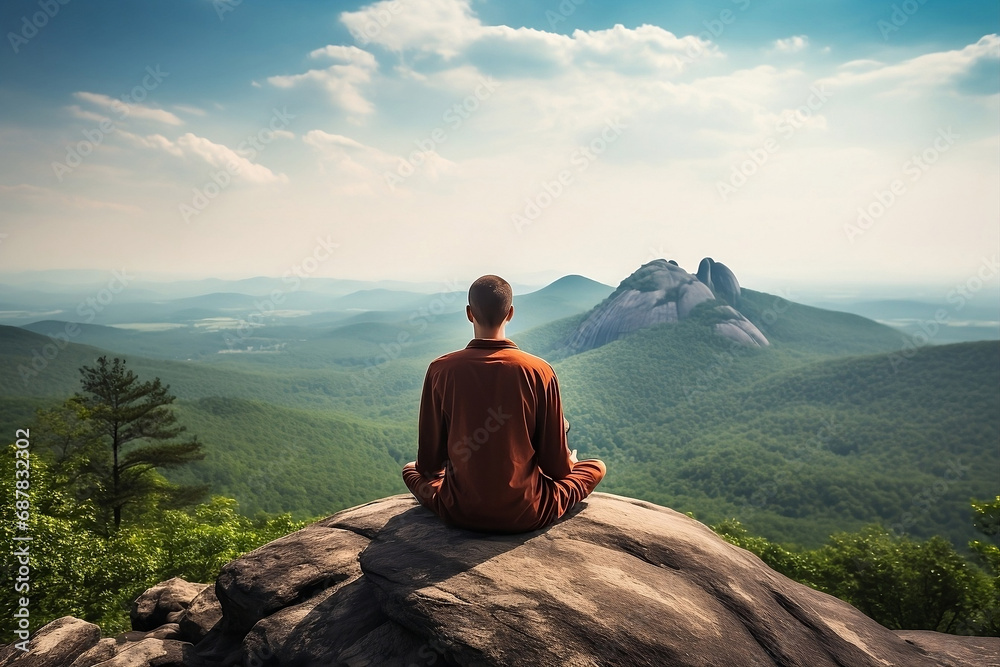 A meditating person sitting on the top of the mountain