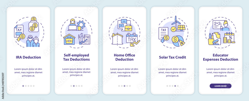 Tax deductions onboarding mobile app screen. Tax credits walkthrough 5 steps editable graphic instructions with linear concepts. UI, UX, GUI template. Myriad Pro-Bold, Regular fonts used