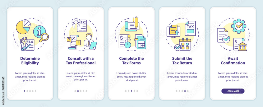Apply for tax credits onboarding mobile app screen. Fiscal policy walkthrough 5 steps editable graphic instructions with linear concepts. UI, UX, GUI template. Myriad Pro-Bold, Regular fonts used