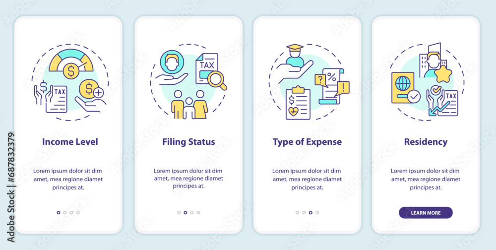 Criteria for taxpayers onboarding mobile app screen. Fiscal policy walkthrough 4 steps editable graphic instructions with linear concepts. UI, UX, GUI template. Myriad Pro-Bold, Regular fonts used