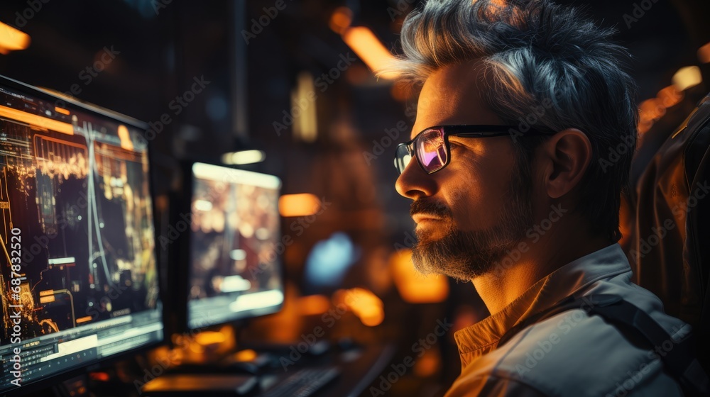 Male engineer standing near big computer screen Male engineer standing near big computer screen