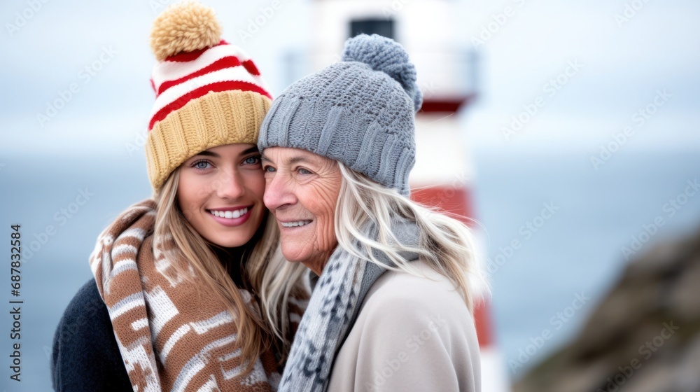 Generational Bonding with Smiling Grandmother and Granddaughter by Lighthouse