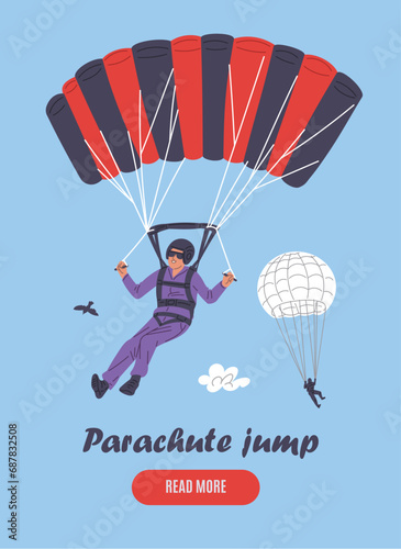Parachute jump, skydiving, card with cartoon style vector illustrations