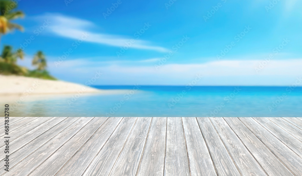 Wooden platform on blurred beach background. Mock up for product display.