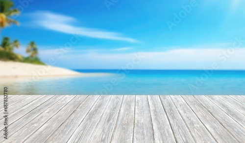 Wooden platform on blurred beach background. Mock up for product display.