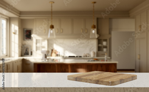 Empty cutting board on marble kitchen counter. photo