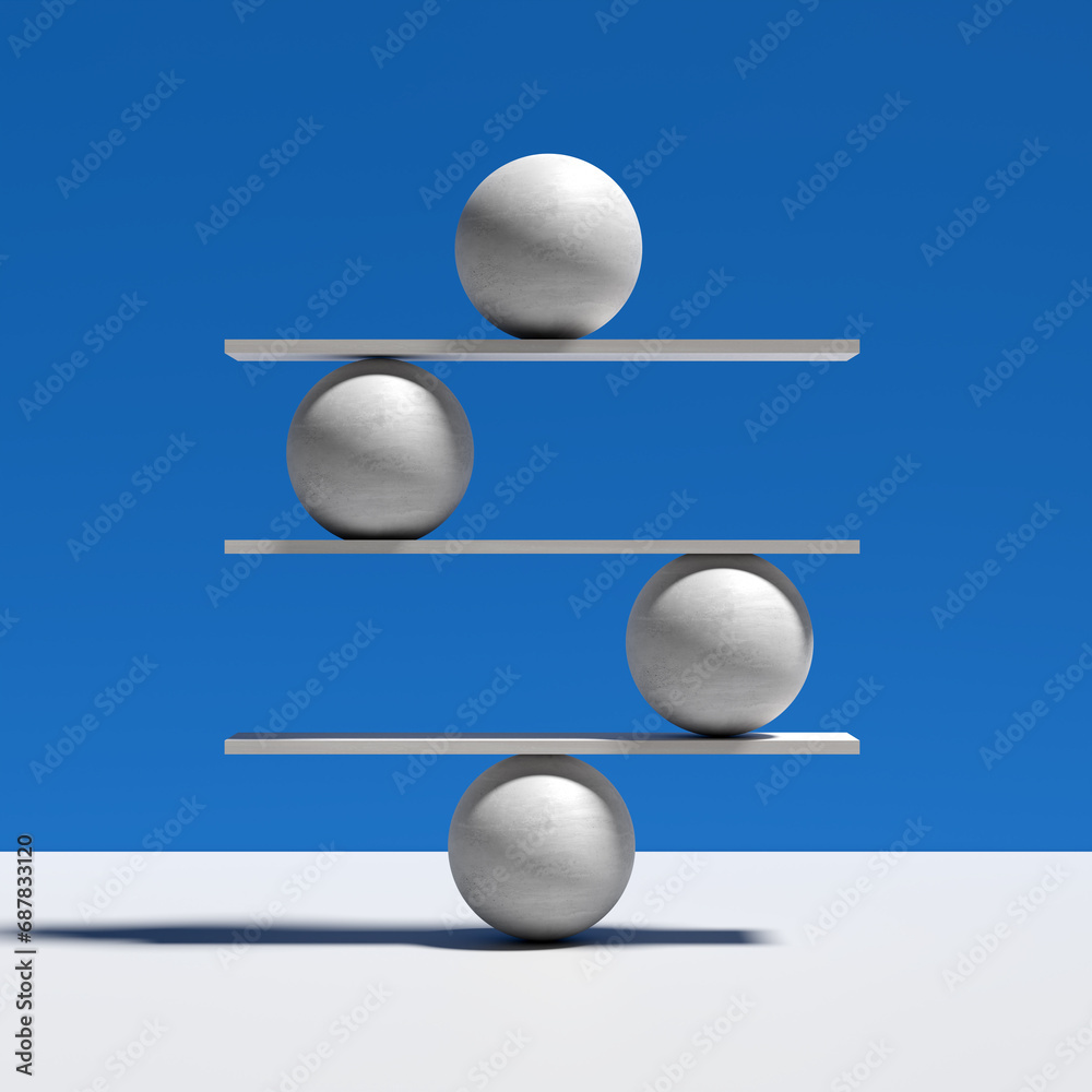 Harmony, balance, equilibrium and stability concepts. Spheres balancing on a seesaw.