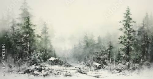 Mountain hillsides and trees covered in snow © jambulart