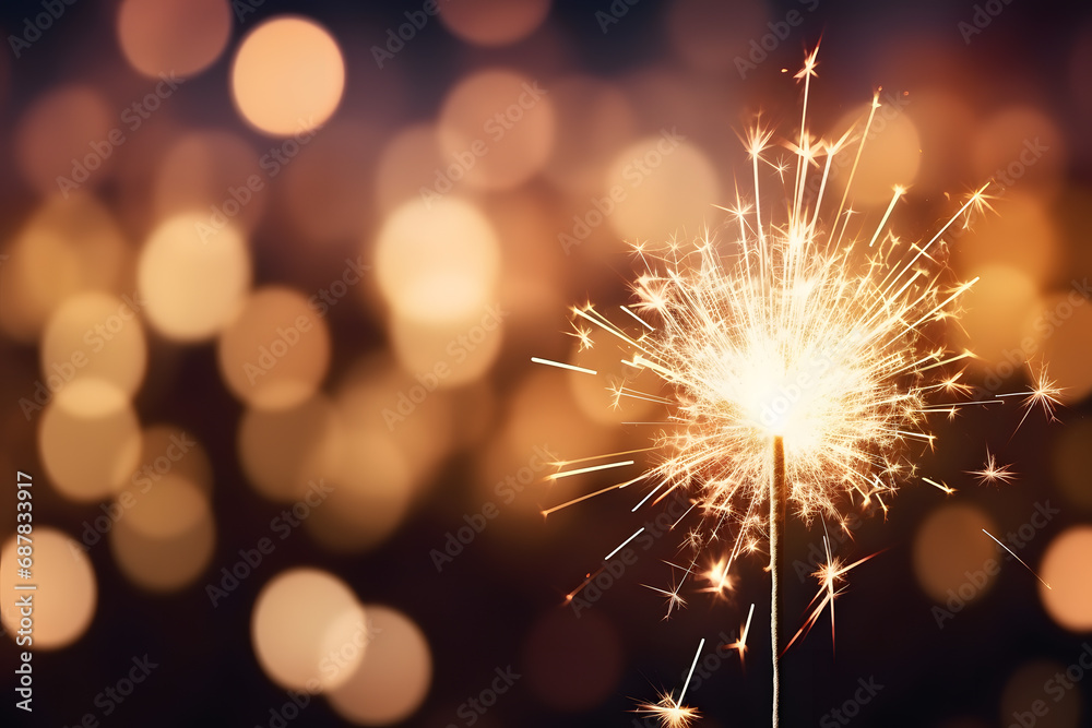 Burning sparkler in front of golden background with bokeh lights and copy space Burning sparkler in front of golden background with bokeh lights and copy space
