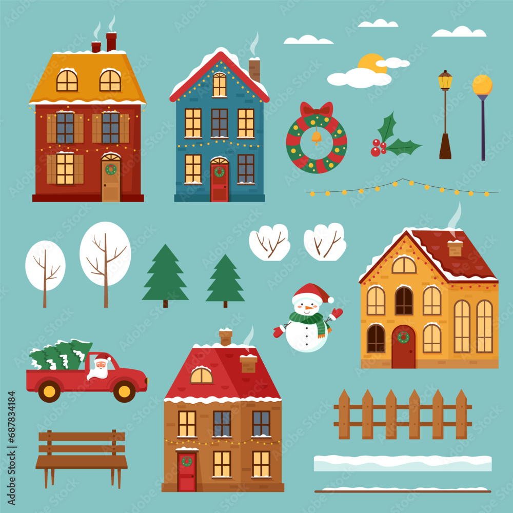 Set of winter Christmas houses with elements isolated on blue.	
