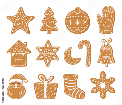 Set of Christmas gingerbread cookies isolated on white. Christmas objects. 
