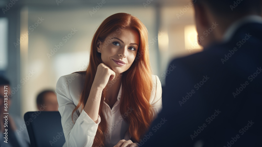 Redhead ginger caucasian businesswoman negotiating a high-stakes deal in a modern meeting room, Her calm demeanor and sharp negotiation skills are evident as she navigates complex discussions Redhead ginger caucasian businesswoman negotiating a high-stakes deal in a modern meeting room, Her calm demeanor and sharp negotiation skills are evident as she navigates complex discussions
