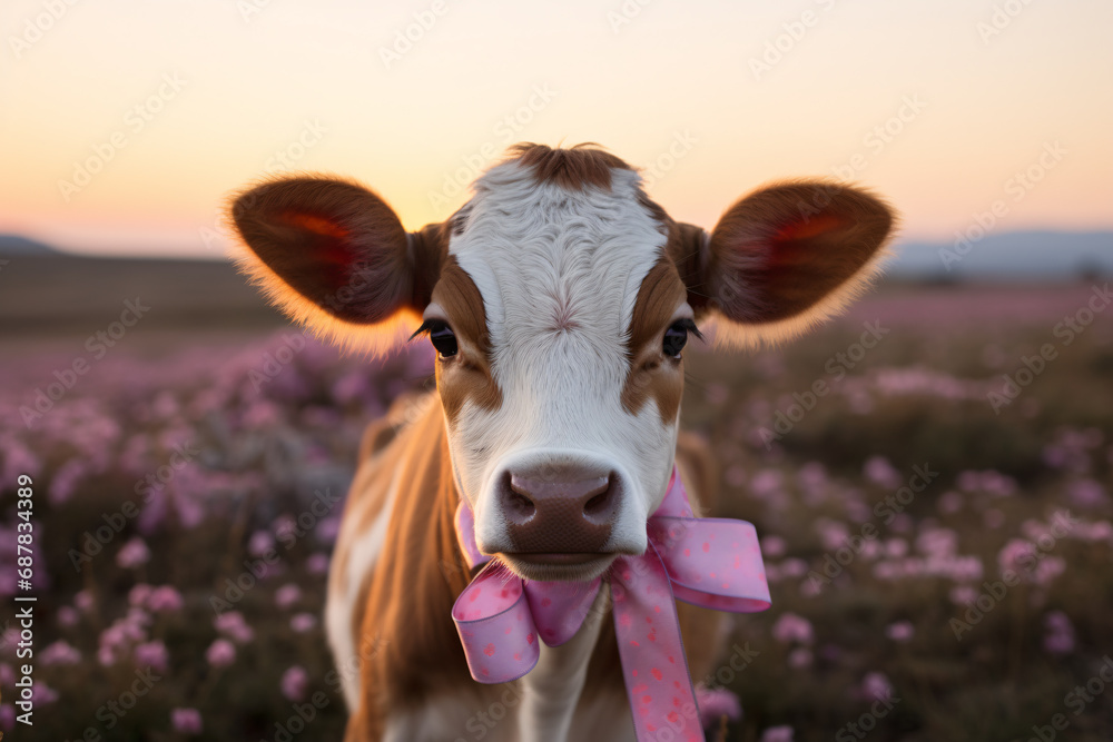 Cute cow with ribbon on flower meadow